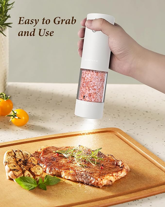 Electric Salt and Pepper Grinder Set - Automatic Refillable Salt and Pepper Grinders with Charging Base & LED Light, 6-Level Adjustable Coarseness with External Dial, Ideal Kitchen Gadget,Black& White