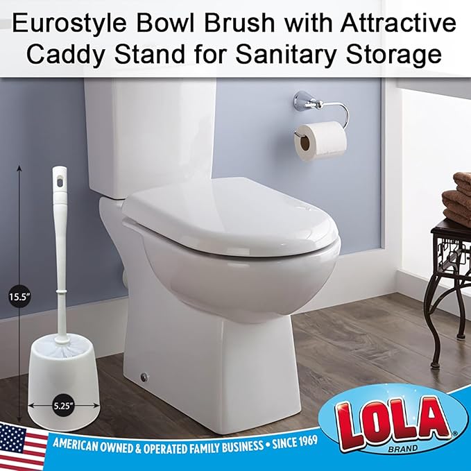 Toilet Brush and Holder Set, by LOLA, 2 Pack, Classic Version, Durable Bristles for Deep Cleaning, w/Compact Space Saving Storage Holder