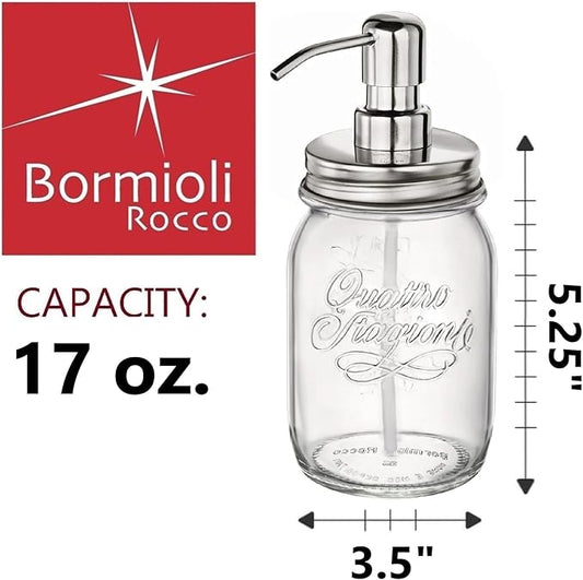 Bormioli Rocco Quattro Stagioni i Genietti Glass Jar with Stainless Steel Lid and Pump, 17 oz., Set of 12