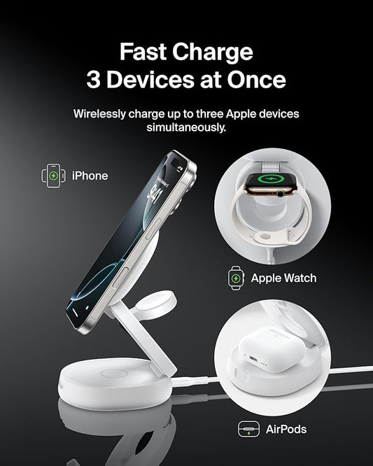 Belkin MagSafe Charger Compatible, 3-in-1 Qi2 15W Wireless Charging Station, Convertible Wireless Charger for iPhone 17, Apple Watch, AirPods, Pixel 10, Phone Stand for Travel w/ 36W Adapter - White