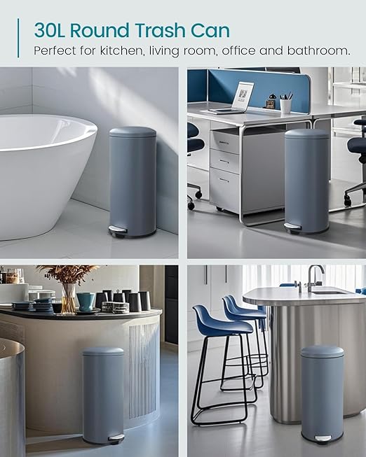 8 Gallon Trash Can, Pedal Trash can with lid, Stainless Steel Garbage Can, Soft Close Lid, Removal Liner, Round Trash bin for Kitchen, Office, Living Room or Bathroom, Grey