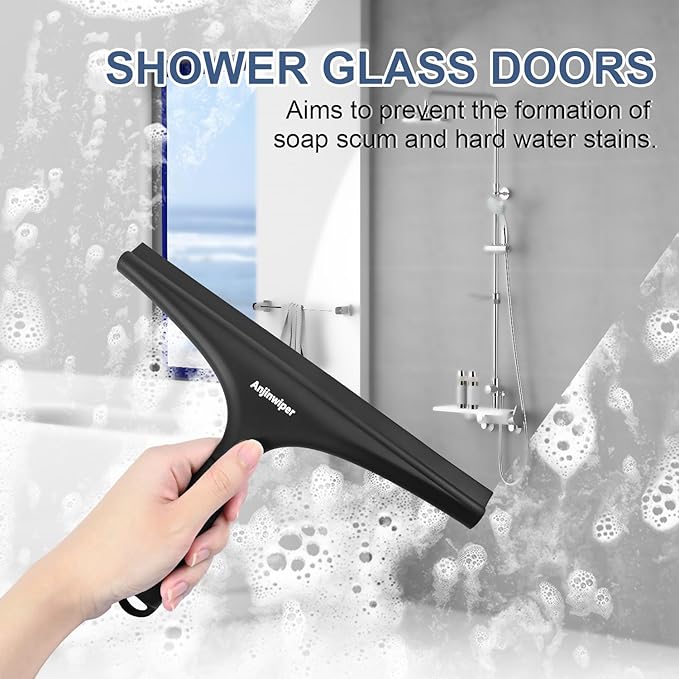 All-Purpose Shower Squeegee for Glass Doors with Hook, Silicone Squeegee for Shower Glass, Shower Doors, Windows, Bathroom, Mirrors and Tiles(10 inch, Black)