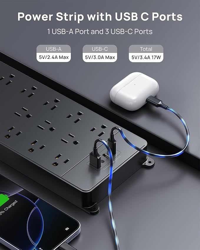TROND 360° Rotating Flat Plug, Surge Protector Power Strip, 13AC Widely Spaced Outlets Expansion with 3 USB C Ports, 4000J, 10ft Extension Cord Heavy Duty, Wall Mount, Under Desk, ETL Listed, Black
