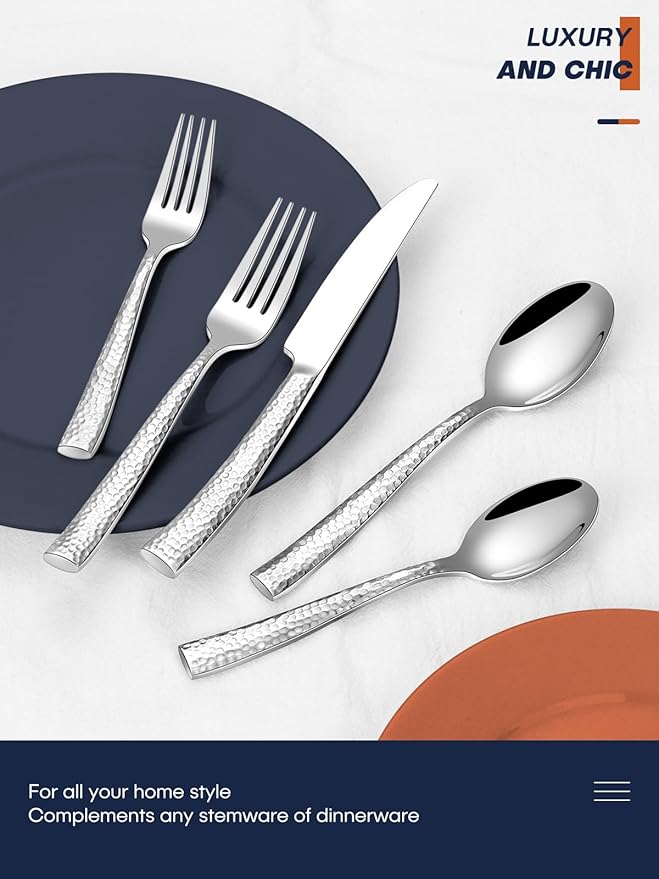 Stapava 48 Pcs Hammered Silverware Set for 8, Stainless Steel Flatware Set with Steak Knives, Mirror Cutlery Include Forks Spoons and Knives Set, Heavy Duty Utensils for Home Hotel, Dishwasher Safe