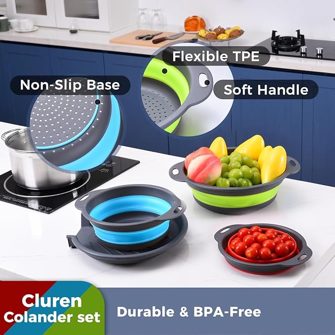 Collapsible Colander Set with Universal Draining Tray | 3-Pack Foldable Kitchen Strainers + Base | Space Saving for Pasta, Veggies, Fruit & Rice | 5 Colors (Gray-Blue-Red-Green)