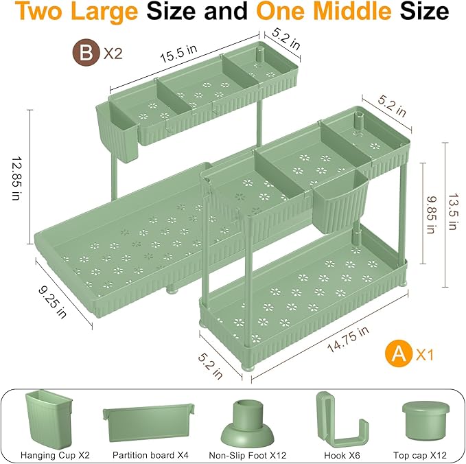3 Pack Multi-Purpose Under Sink Organizers and Storage, 2025 L-Shaped Pull Out Cabinet Organizer for Bathroom & Kitchen, Under Cabinet Organizer with Hooks Hanging Cup, Green