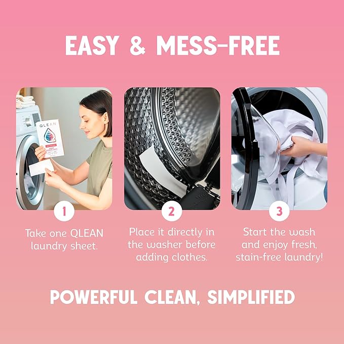 QLEAN Laundry Detergent Sheets (Travel Size 40 Loads) – Travel Laundry Detergent Sheets, Eco-Friendly Laundry Soap, HE & Standard Washer Safe, Stain Remover, Skin-Friendly - Ruby Sunset Bliss