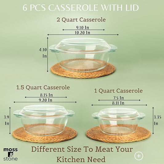 Moss & Stone 6-Piece Clear Glass Casserole Dishes for Oven With Lids, Durable Tempered Borosilicate Glass Bakeware Set, Microwave Safe, 3 Round Sizes for Cooking, Serving & Storage