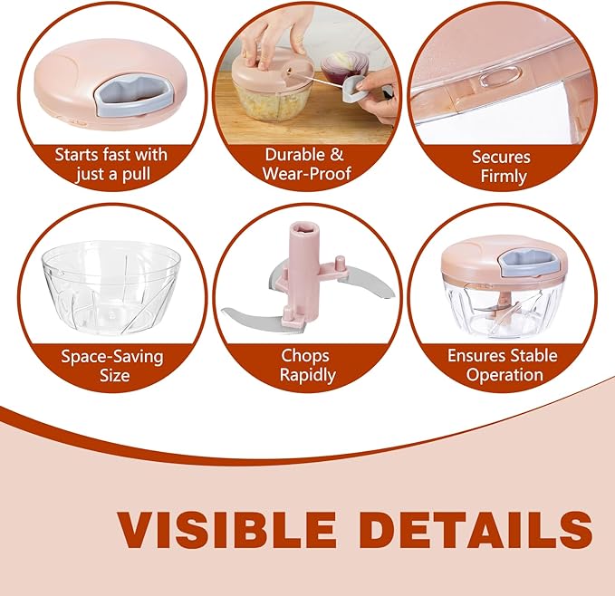 Manual Food Processor Vegetable Chopper, Portable Hand Pull String Garlic Mincer Onion Cutter for Veggies, Suitable for Vegetables, Ginger, Garlic, Fruits, Onion, Potato, Salad (Pink 500 ml)