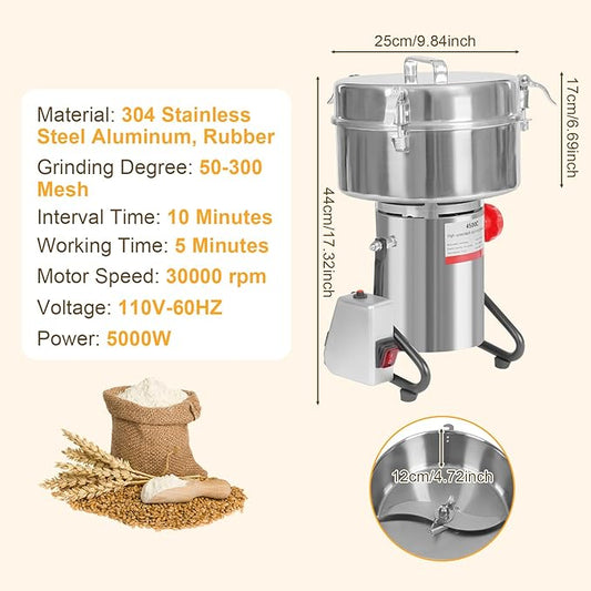 4500g Electric Grain Mill Grinder, High Speed 5000W Commercial Grinders, Stainless Steel Machine for Dry Grains, Coffee, Corn (4500g/10lbs Capacity)