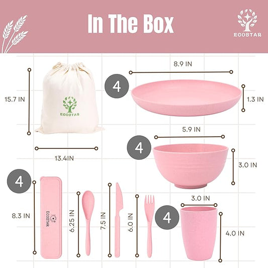ECOSTAR Wheat Straw Dinnerware Sets Unbreakable Plates Bowls and Cups Reusable Utensils Dishwasher Microwave Safe Bowls and Plates Sets (Pink)
