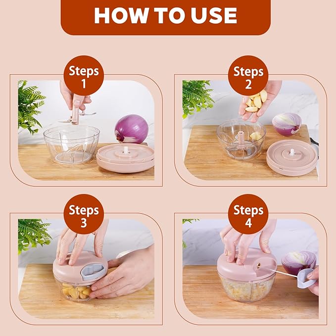 Manual Food Processor Vegetable Chopper, Portable Hand Pull String Garlic Mincer Onion Cutter for Veggies, Suitable for Vegetables, Ginger, Garlic, Fruits, Onion, Potato, Salad (Pink 500 ml)
