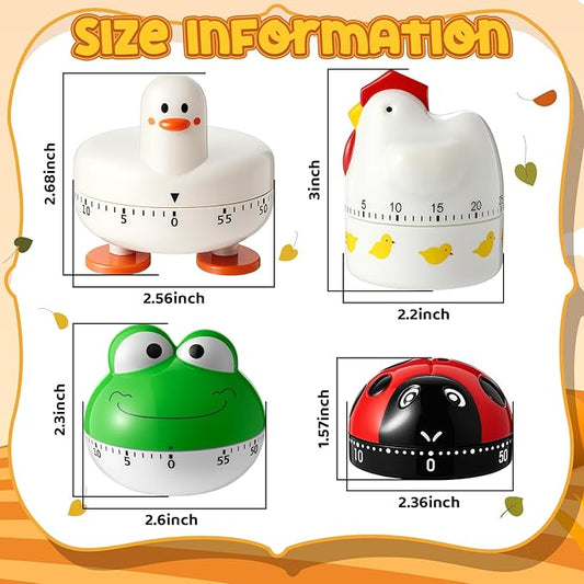 Amylove 4 Pieces Cute Kitchen Timer, Animal Mechanical Manual, Chick, Frog, Duck, Ladybug, 60 Minutes Loud Alarm Egg Windup Timer, for Adults Christmas Home Cooking Baking Fitness Beauty