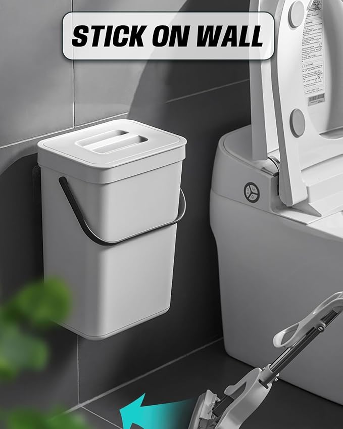 Kitchen Compost Bin - 3.2 Gallons Hanging Trash Can with Lid for Kitchen Bathroom, Under Sink Trash Can, Outdoor Compost Bucket with Lid, 12L(White)
