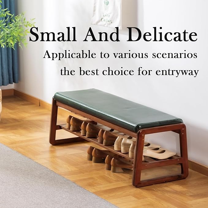 latifolia Solid Wood Bench, Entryway Shoe Bench with Cushion, 2 Tier Shoe Storage Organizer for Hallway, Living Room(Green,39.70''L)