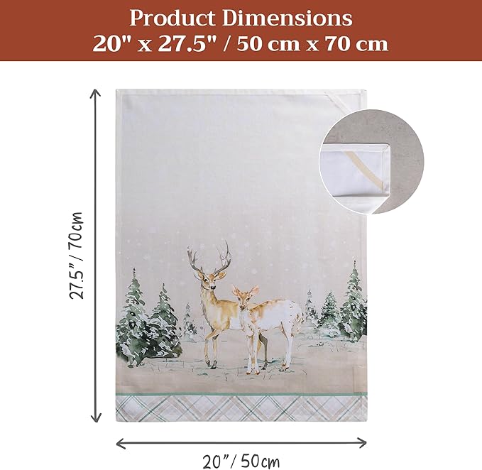 Maison d' Hermine Kitchen Towels Set of 3 100% Cotton 20" x 27.5" Reusable Cloth Tea Dish Towels Absorbent with Hanging Loop for Kitchen Dining Thanksgiving Christmas Decorations (Deer in The Woods)
