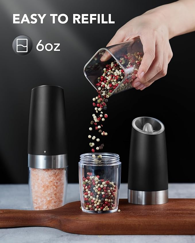 FORLIM Gravity Electric Salt and Pepper Grinder Set, Automatic Pepper Grinder Shakers Mill, Upgraded Batteries Powered Adjustable Coarseness with LED, One Hand Operation Perfect for Kitchen(Black)