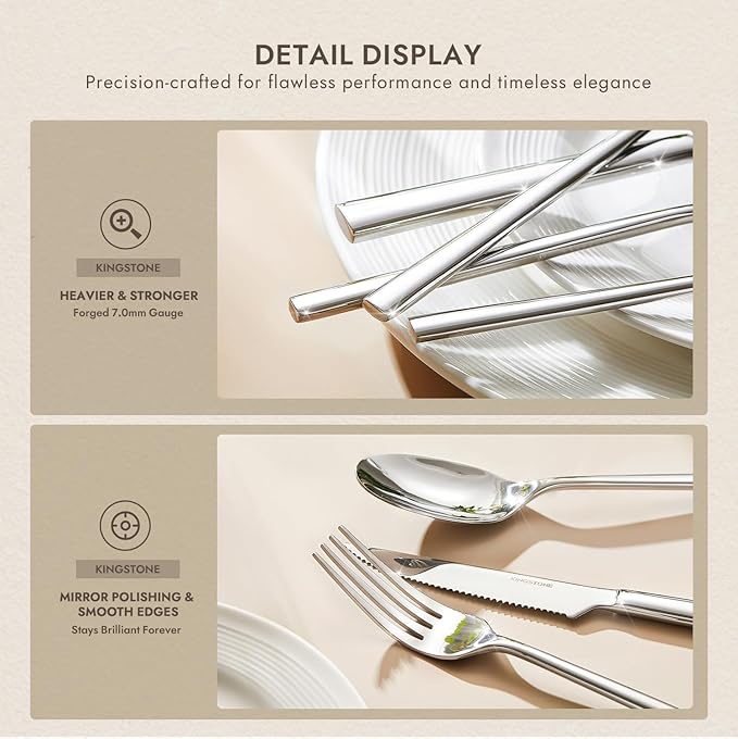 KINGSTONE Silverware Set with Steak Knives, 24-Piece Forged Flatware Set Cutlery Set Premium Stainless Steel, Service for 4, for Kitchen, Home, Wedding, Party, Mirror Polished and Dishwasher Safe