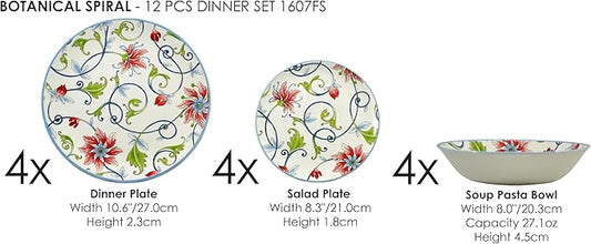 Tudor Royal 12-Piece Round Porcelain Dinnerware Set, Service for 4, Botanical Design, Summer Flowers, Plates Bowls Dishes, Glossy, Premium Quality Dish Set, Unique Pattern