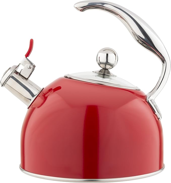 Viking 3-Ply Stainless Steel Tea Kettle, 2.6 Quart Stovetop Hot Water Pot with Tempered Glass Lid, Ergonomic Handle, Induction Ready, Red