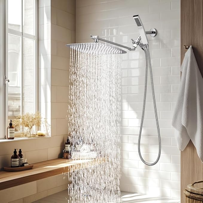 G-Promise All Metal 14 Inch Dual Square Shower Head with Handheld Spray Combo, Rain Shower Head, Adjustable Extension Arm, 3-Way Diverter, 71 Inch Extra Long Hose - A Bathroom Upgrade (Chrome)