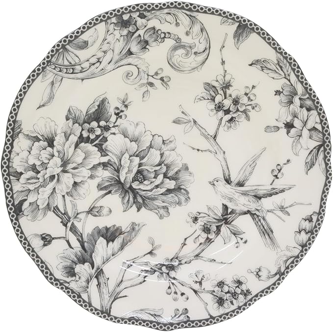 222 Fifth Adelaide 16-Piece Casual Grey Porcelain Dinnerware Set – Service for 4, Classic Toile Bird & Floral Design, Microwave & Dishwasher Safe, for Everyday Dining & Entertainment