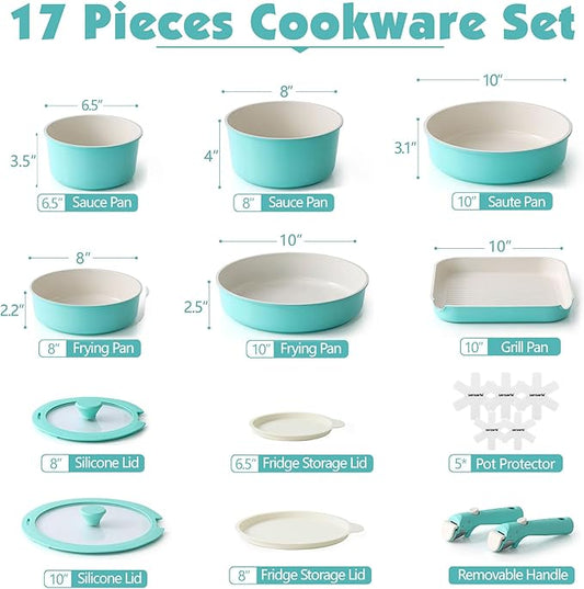 SENSARTE 17 Piece Ceramic Pots and Pans Set, Nonstick Detachable Handle Cookware, Induction Kitchen Cookware Set with Removable Handle, Dishwasher & Oven Safe (Turquoise)