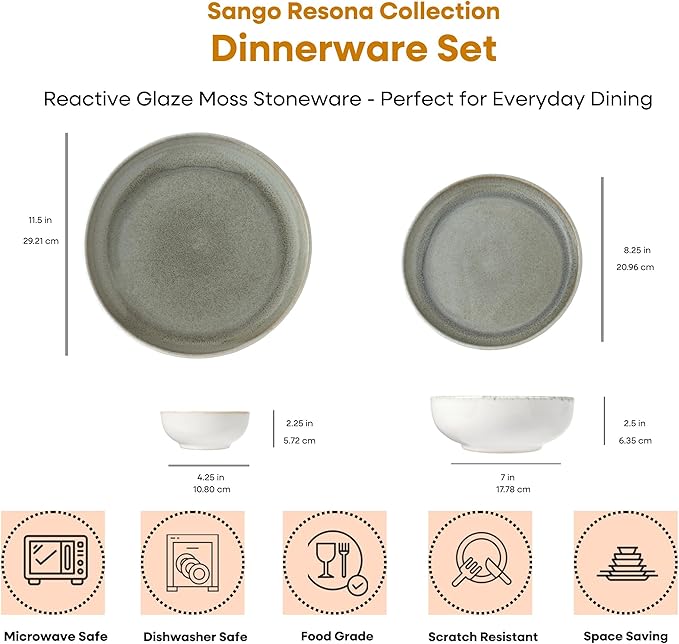 Sango 16-Piece Stoneware Dinnerware Set for 4, Glossy Cream/Green Plates and Bowls Sets with Reactive Glaze, Ceramic Dish Set, Modern Dishes for Everyday Use, Microwave & Dishwasher Safe, Resona Moss
