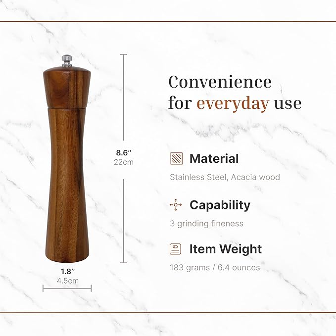 Acacia Wood Pepper and Salt Mill Grinder Set with Adjustable Ceramic Mechanism for Fine, Medium and Coarse Grinding (2 Pack)