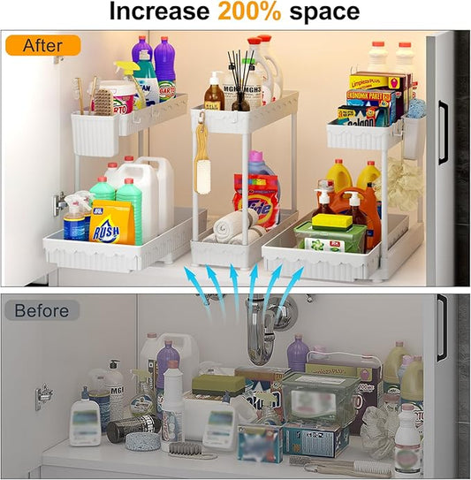 3 Pack Multi-Purpose Under Sink Organizers and Storage, 2025 L-Shaped Pull Out Cabinet Organizer for Bathroom & Kitchen, Under Cabinet Organizer with Hooks Hanging Cup, White, 14.85 inch