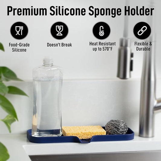 Zulay Kitchen Large Silicone Sponge Holder (12x4) β Flexible Sink Organizer Tray for Kitchen & Bathroom β Multipurpose Soap Dish for Sponges, Makeup, Trinkets & More (Dark Blue)