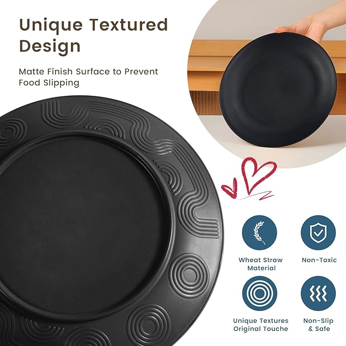 Homienly 24-Piece Wheat Straw Dinnerware Sets,Service for 6 - Cups, Plates and Bowls Sets,Reusable Dishwasher and Microwave Safe Melamine Dinnerware Set for Home,Camping,RVs - Black