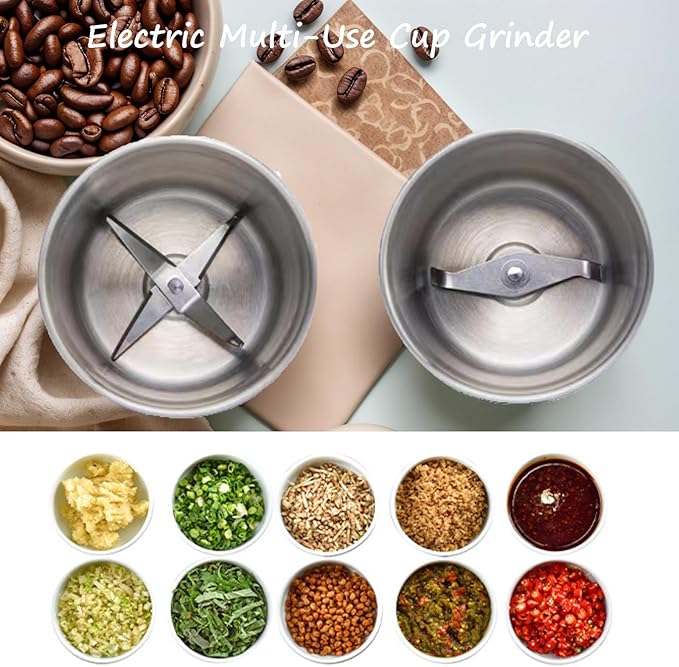 Voltix Electric Multi-Use Cup Grinder, Large Capacity Stainless Steel, Portable Electric Coffee Grinder & Spice Grinder for Home Kitchen, One Touch Coffee Mill for Beans, Spices (Dual Blade Set)