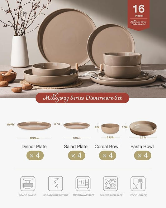 Famiware Milkyway Stoneware Dinnerware Sets with Pasta Bowls, Service for 4 (16 Pieces), Plates and Bowls Sets -Scratch Resistant, Microwave and Dishwasher Safe Dishes Set, Cinnamon Brown