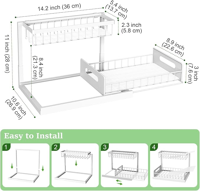 REALINN Under Sink Organizer, Pull Out Cabinet Organizer 2 Tier Slide Out Sink Shelf Cabinet Storage Shelves, Under Sink Storage for Kitchen Bathroom Cabinet, White, 1 Pack