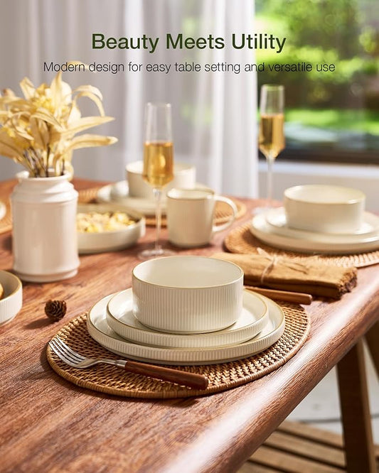 famiware Star Dinnerware Set, Plates and Bowls Sets for 6 (18pcs), Ribbed Stoneware Dishes - Chip & Scratch Resistant, Microwave & Dishwasher Safe Kitchenware, White
