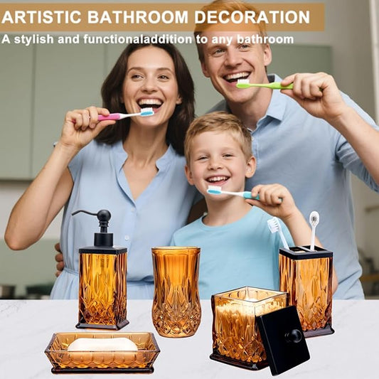 Bathroom Accessories Set,5 Pcs Amber Glass Bathroom Accessory Set,Complete Lotion Soap Dispenser,Toothbrush Holder,Soap Dish,Tumbler & Jar,Modern Bathroom Decor Sets,Gift for Home Apartment,Square