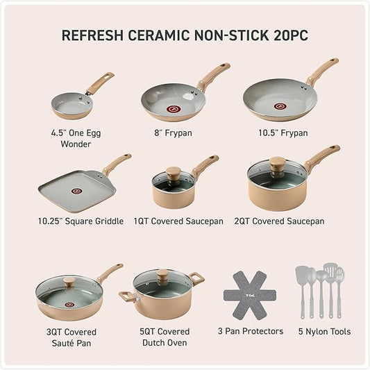 T-Fal Refresh Ceramic Nonstick Cookware Set, 20-Piece, Oven Safe to 350°F, Stockpot, Ceramic Pots and Pans Set, Frying Pans, Griddle, Utensils, Sand Beige