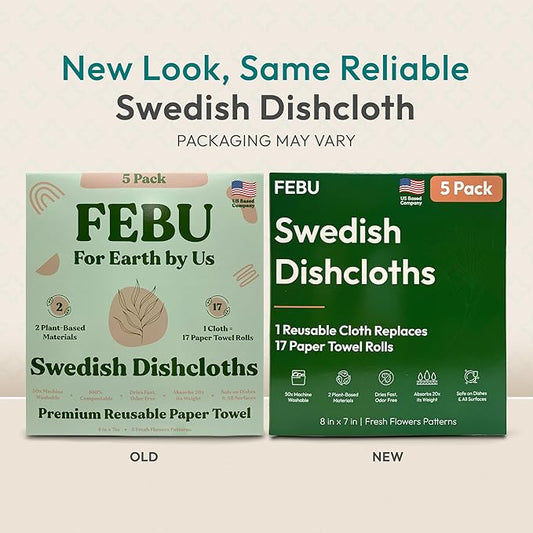 FEBU Swedish Dishcloths for Kitchen | 5 Pack Black Minimalist Reusable Paper Towels Washable | Swedish Dish Towels | Non-Scratch Cellulose Sponge Cloths | No Odor, Biodegradable Cleaning Cloths
