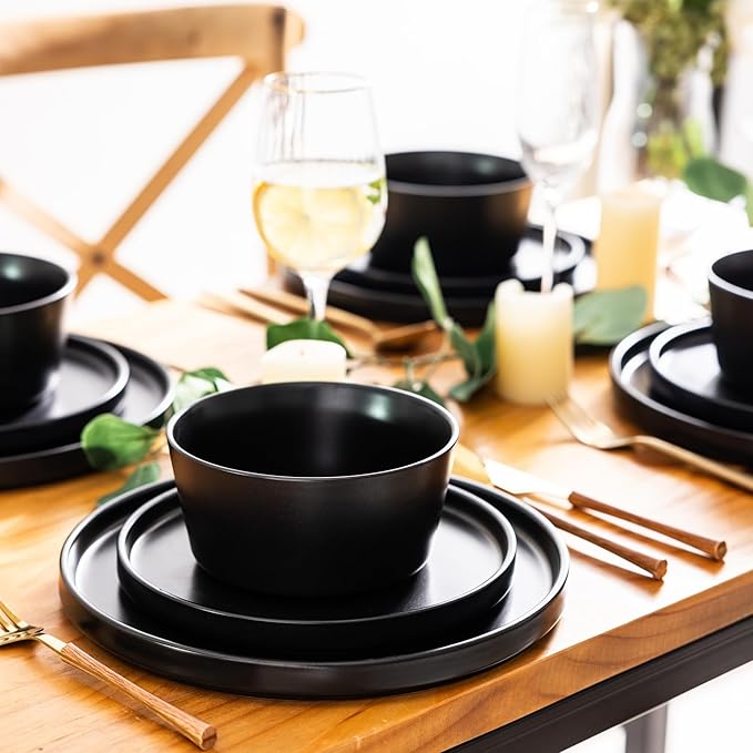 AmorArc Ceramic Dinnerware Sets for 4, Modern Flat Stoneware Plates and Bowls Sets,Chip and Crack Resistant Dishwasher & Microwave Safe Dishes Set,Scratch Resistant- Service for 4 -Matte Black (12pcs)