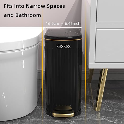 2.6 Gallon Slim Bathroom Trash Can with Soft Close Lid, 10L Stainless Steel Garbage Can with Removable Liner Bucket, for Narrow Spaces, Bathroom, Bedroom (Matt Black)