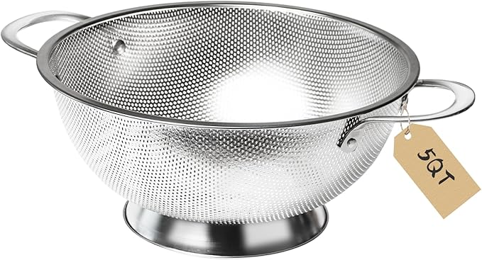 Premium Stainless Steel Colander for Kitchen, Food Strainer Basket with Handle and Solid Ring Base for Fruits Vegetables Rice and Pasta, Dishwasher Safe (5QT)