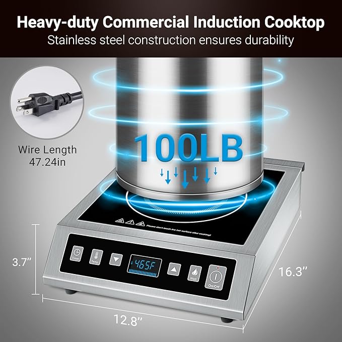 AMZCHEF Induction Cooktop Commercial, Professional Portable Burner, 1800W Countertop Stove Burner with ETL-Certified Induction Hot Plate 3 Hours Timer,8 Temperature & Power Levels,LCD Screen