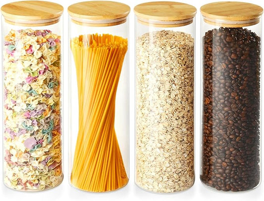 60oz Glass Storage Containers with Lids for Pasta Spaghetti, Tall Glass Jars with Airtight Wood Lids, Kitchen Food Storage Pantry Jars, For Cookies Flour Cereal Sugar Tea Coffee Beans (Set of 4)