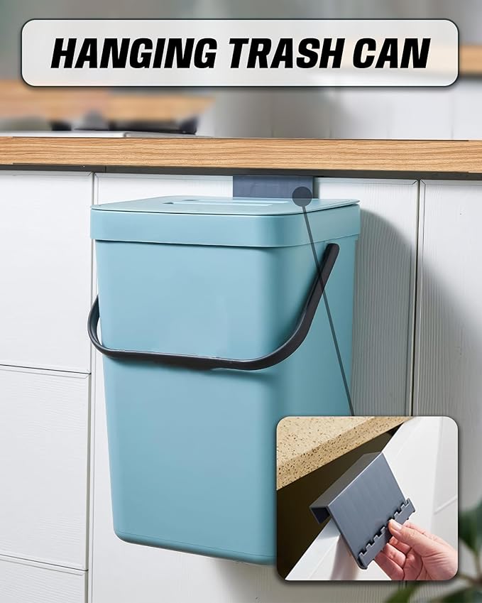 Kitchen Compost Bin - 3.2 Gallons Hanging Trash Can with Lid for Kitchen Bathroom, Under Sink Trash Can, Outdoor Compost Bucket with Lid, 12L(Subtle Blue)