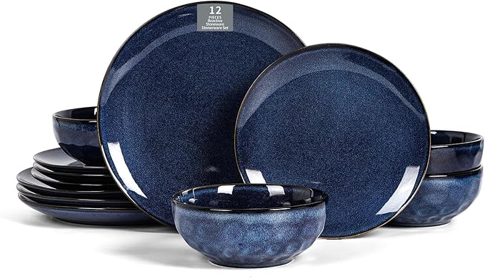 Vicrays 12-Piece Ceramic Dinnerware Set, Dinner Plates, Salad Plates & Cereal Bowls, Dish Set for 4, Microwave, Oven & Dishwasher Safe, Scratch Resistant, Blue