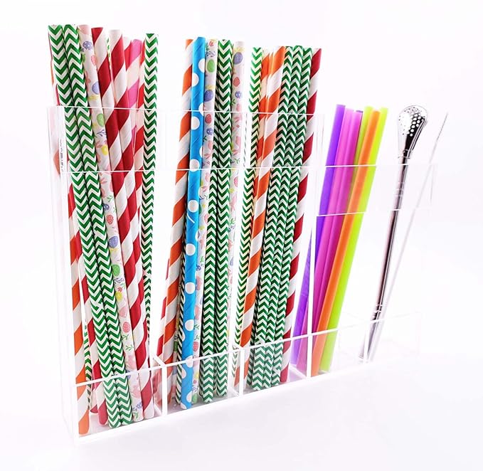Acrylic Straw Organizer with Adhesive Backing, High & Low Parts for Long and Short Straws, Utensils, 5-Compartment Clear Kitchen Storage Spoons Dispenser Container Inside Cabinet Door Mount Holder