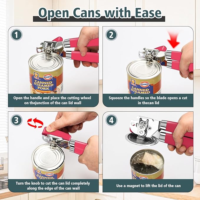 Multifunctional Heavy Duty Can Opener Manual Smooth Edge Can Opener and Bottle Openers with Magnet Durable Sharp Cutting Blade Comfortable Handle Big Effort-Saving Knob Kitchen Tool