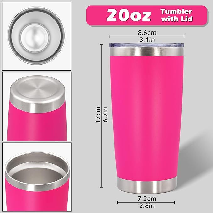 20oz Tumbler Bulk Stainless Steel Tumblers with Lid Vacuum Insulated Double Wall Travel Coffee Mug Powder Coated Tumbler Cup for Hot and Cold Drinks(Hot Pink, 6 pack)