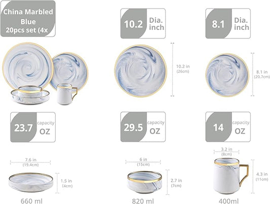 20 Piece Plates and Bowls Sets, Fine China Artisan Marbled Dinner Set for 4, Dishwahser Safe, Scratch Resistant, Blue with Gold Line